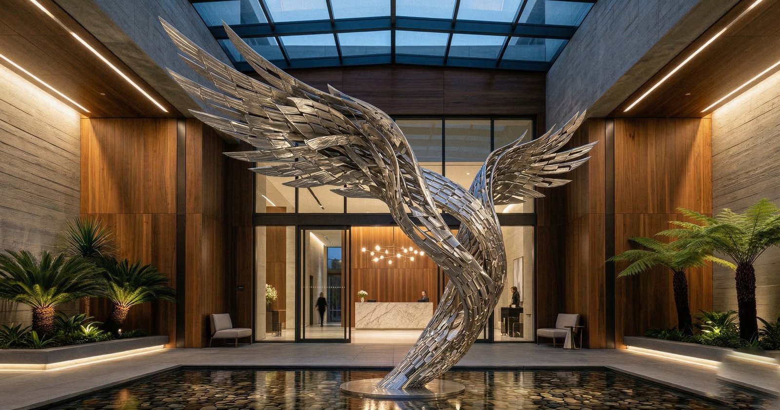 Aile monumentale en acier, hall d'hôtel