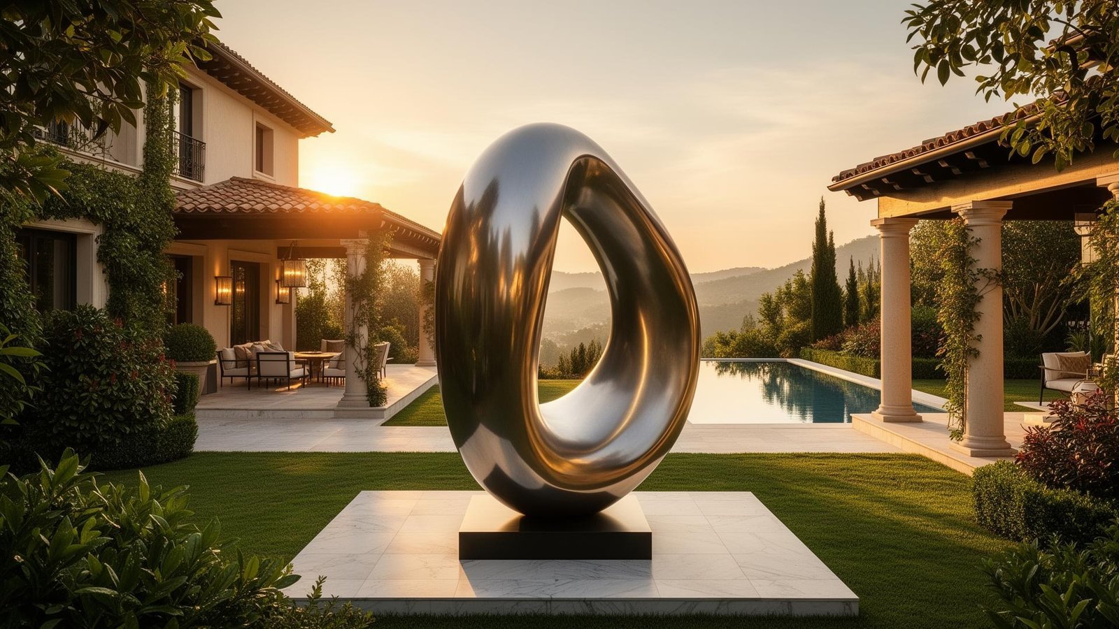 Sculpture chromée monumentale au crépuscule, villa privée