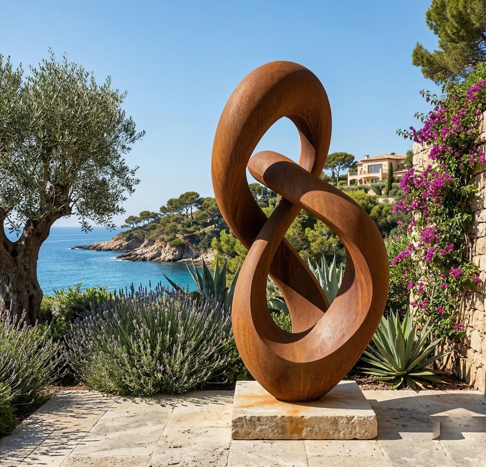 Sculpture en acier corten face à la Méditerranée