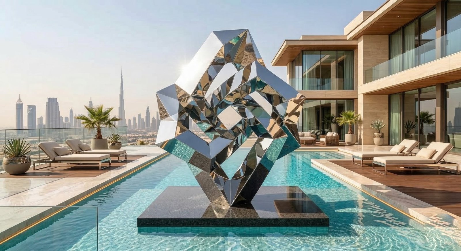 Polyèdre miroir au bord d'une piscine, Dubaï