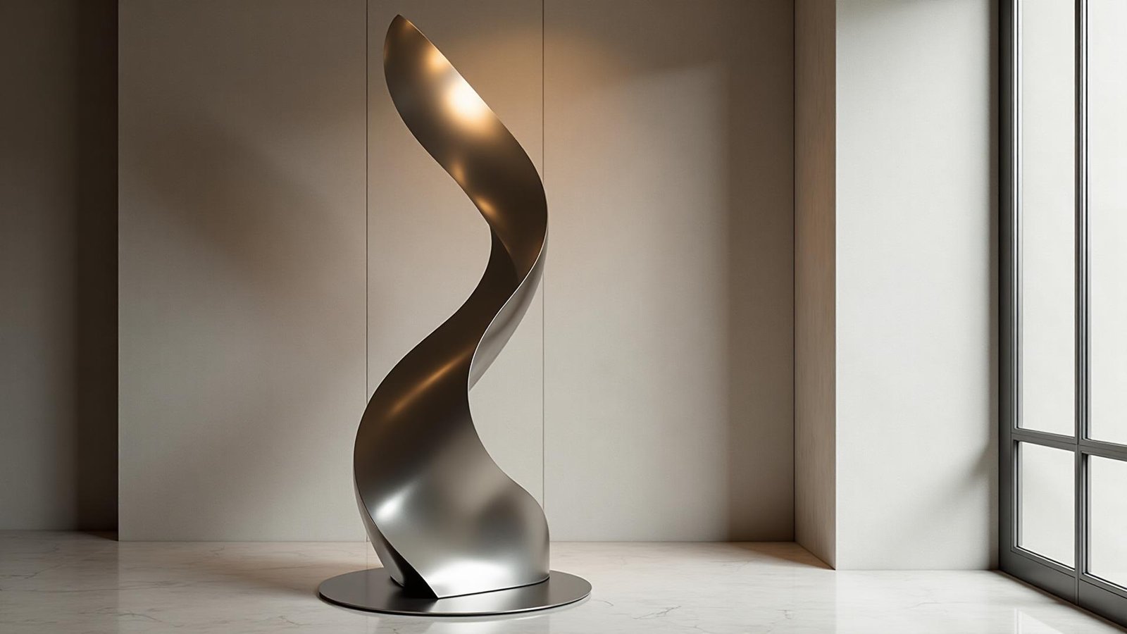 Sculpture flamme en acier brossé, détail intérieur