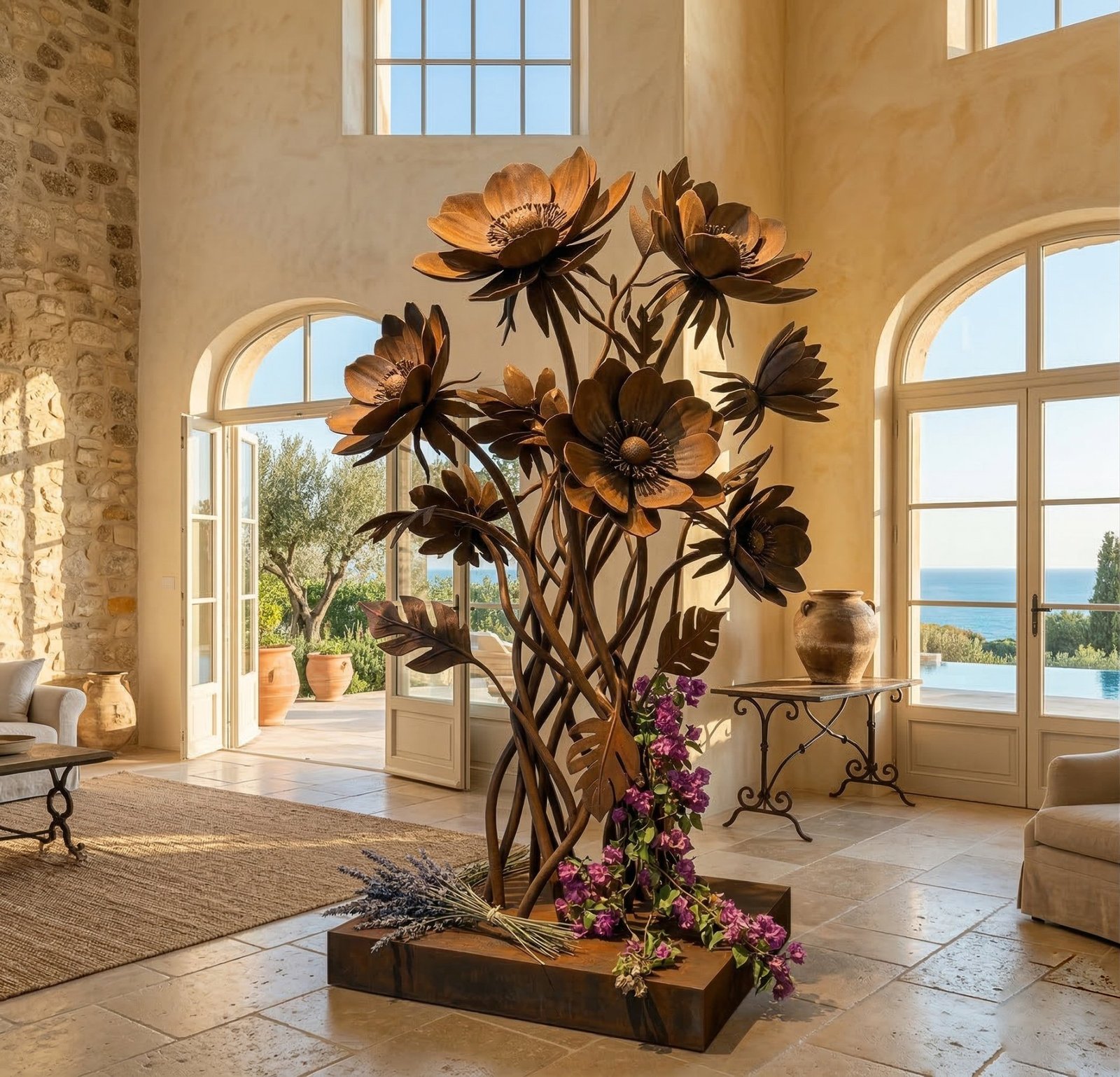 Bouquet sculptural en métal, bastide provençale