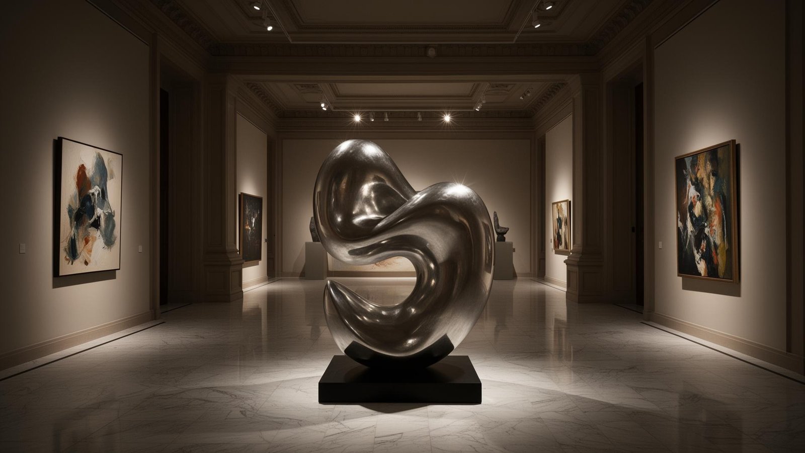 Sculpture organique en acier poli, galerie d'art