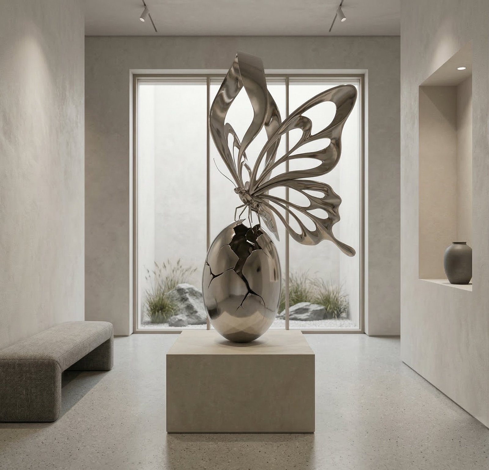 Papillon sculpté émergeant d'un œuf poli