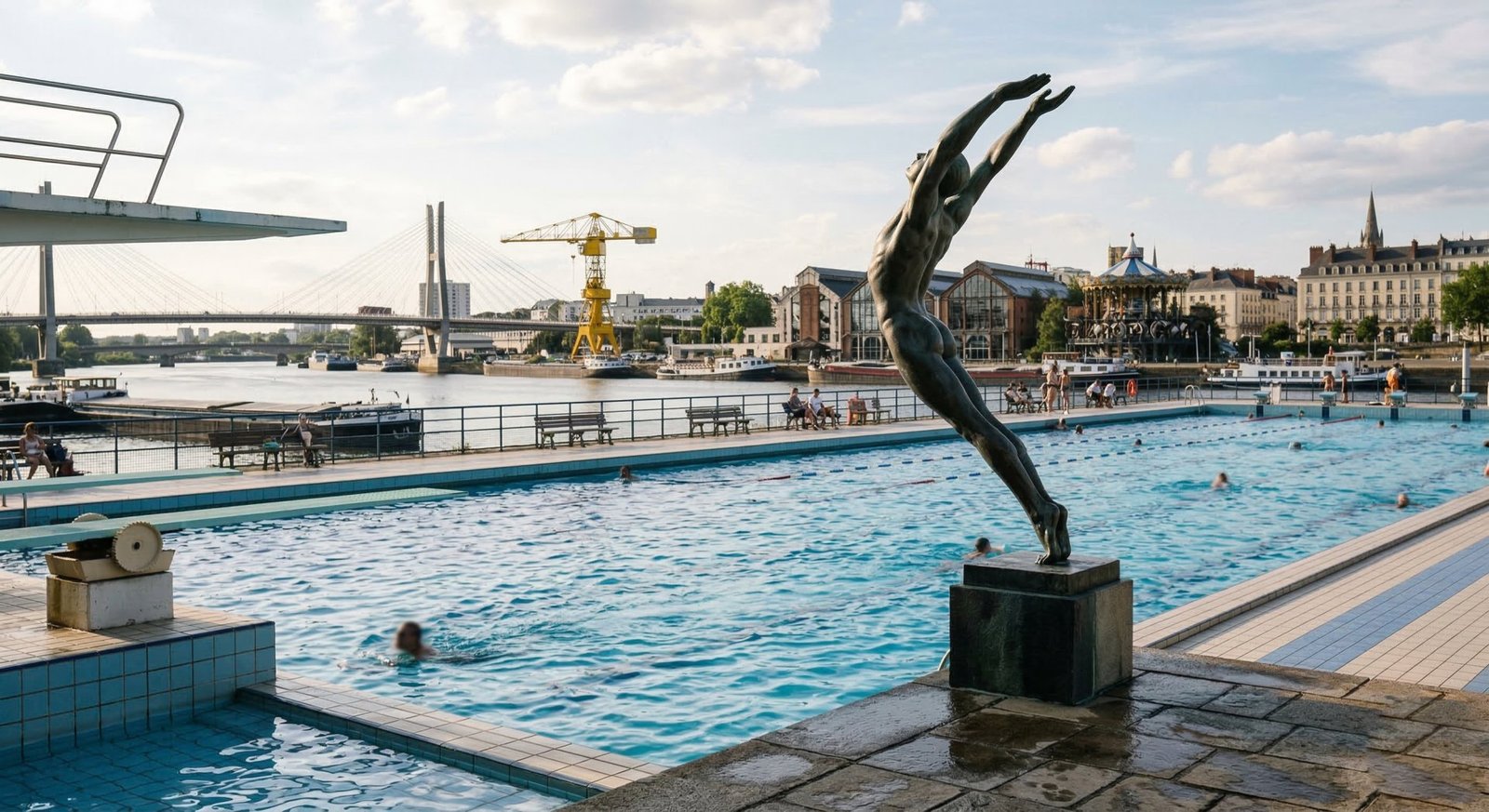 Plongeur en bronze au bord d'une piscine publique