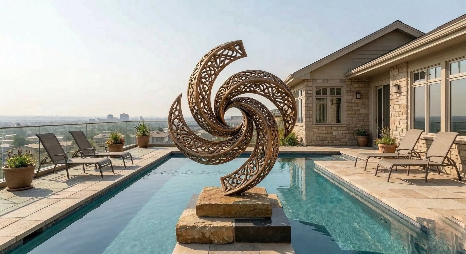 Spirale corten au bord d'une piscine